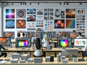 Team in modernem Kreativstudio an farbkalibrierten Monitoren; diverse KI-Bilder auf den Screens mit Overlays zu Diffusion, neuronalen Netzen und Token-Flows; Wandvergleich Stock vs. Produktion.