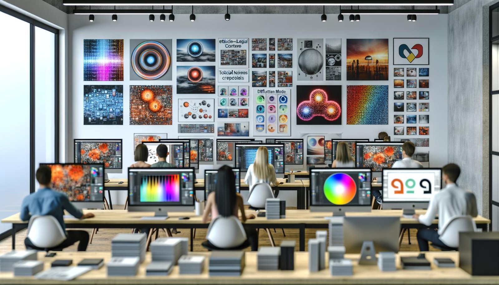 Team in modernem Kreativstudio an farbkalibrierten Monitoren; diverse KI-Bilder auf den Screens mit Overlays zu Diffusion, neuronalen Netzen und Token-Flows; Wandvergleich Stock vs. Produktion.