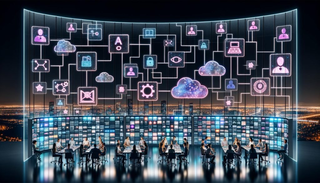 Hypermoderner Marketing-Kontrollraum mit transparenten Dashboards und KI-Icons; Team arbeitet vor holografischen Monitoren; Datenströme vernetzen CDP, Feature Store, LLMs und MLOps; Privacy-/Consent-Symbole; Skyline bei Nacht, blau-violette Palette.