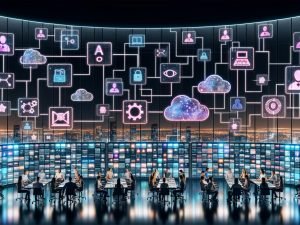 Hypermoderner Marketing-Kontrollraum mit transparenten Dashboards und KI-Icons; Team arbeitet vor holografischen Monitoren; Datenströme vernetzen CDP, Feature Store, LLMs und MLOps; Privacy-/Consent-Symbole; Skyline bei Nacht, blau-violette Palette.