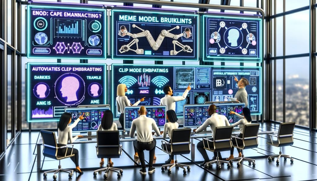 Futuristisches digitales Command Center in einem Glasbüro: diverses Marketing‑Team vor transparenten OLED‑Displays mit Dashboards, Meme‑Vorlagen, Trend‑Grafiken, KI‑Modellarchitekturen, CLIP‑Embeddings und kreativen KPIs; Wanddisplays zeigen auto‑generierte, kulturell angepasste Memes; im Hintergrund Roboterarme und Bildschirme der Meme‑Fertigungsstraße, plus Compliance‑Leitfäden, Analytics und Social‑Media‑Icons.
