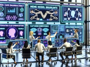 Futuristisches digitales Command Center in einem Glasbüro: diverses Marketing‑Team vor transparenten OLED‑Displays mit Dashboards, Meme‑Vorlagen, Trend‑Grafiken, KI‑Modellarchitekturen, CLIP‑Embeddings und kreativen KPIs; Wanddisplays zeigen auto‑generierte, kulturell angepasste Memes; im Hintergrund Roboterarme und Bildschirme der Meme‑Fertigungsstraße, plus Compliance‑Leitfäden, Analytics und Social‑Media‑Icons.