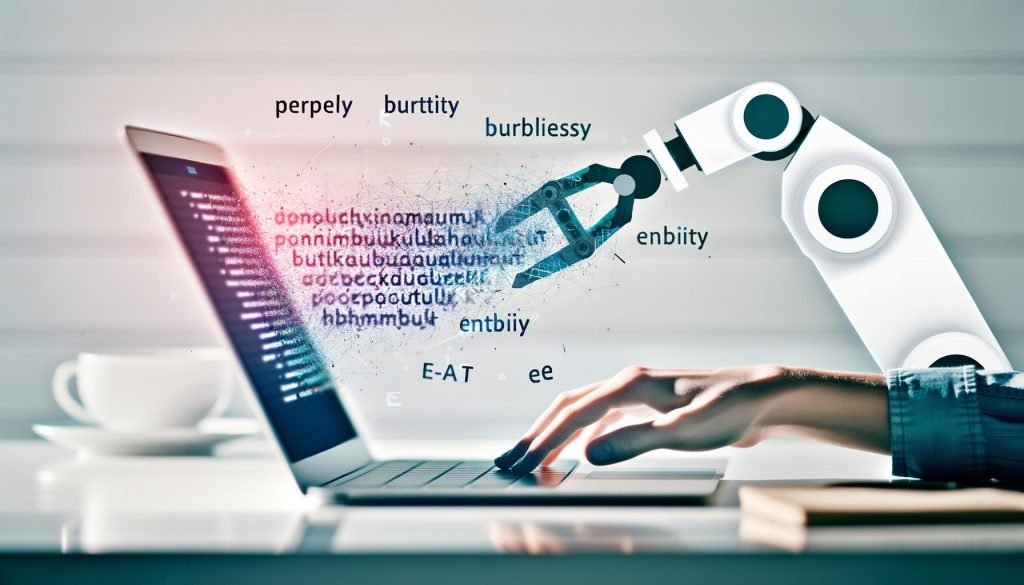 Heller, moderner Schreibtisch mit Laptop und offenem Texteditor: ein halbtransparenter Roboterarm tippt, während eine menschliche Hand mit Stift die Kontrolle übernimmt; im Hintergrund Diagramme zu Perplexity, Burstiness, E‑E‑A‑T und Entity SEO.