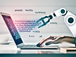 Heller, moderner Schreibtisch mit Laptop und offenem Texteditor: ein halbtransparenter Roboterarm tippt, während eine menschliche Hand mit Stift die Kontrolle übernimmt; im Hintergrund Diagramme zu Perplexity, Burstiness, E‑E‑A‑T und Entity SEO.