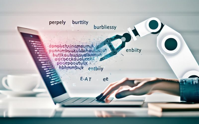 Heller, moderner Schreibtisch mit Laptop und offenem Texteditor: ein halbtransparenter Roboterarm tippt, während eine menschliche Hand mit Stift die Kontrolle übernimmt; im Hintergrund Diagramme zu Perplexity, Burstiness, E‑E‑A‑T und Entity SEO.