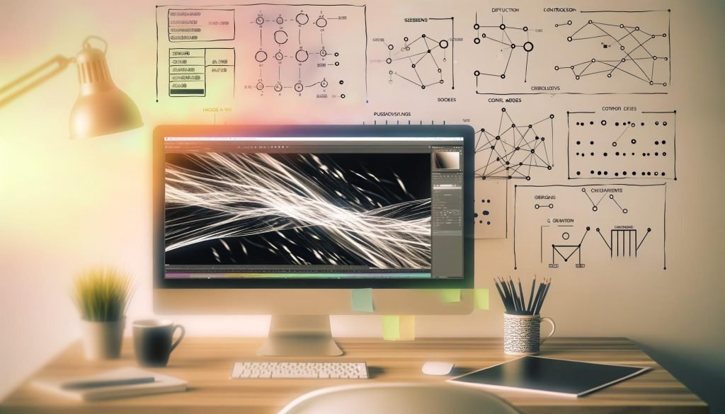 Aufgeräumter Arbeitsplatz mit Dual‑Monitor‑Setup, auf dem KI‑Animationssoftware einen Sketch in eine lebendige Animation überführt; Overlays mit Keyframes, Seeds, CFG‑Skalen und Wellenformen; Notizblöcke, Stylus und Markenrichtlinien im hellen Licht.