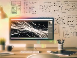 Aufgeräumter Arbeitsplatz mit Dual‑Monitor‑Setup, auf dem KI‑Animationssoftware einen Sketch in eine lebendige Animation überführt; Overlays mit Keyframes, Seeds, CFG‑Skalen und Wellenformen; Notizblöcke, Stylus und Markenrichtlinien im hellen Licht.