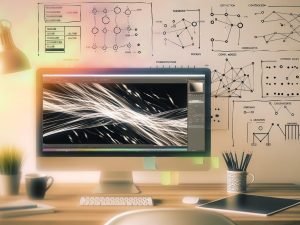 Aufgeräumter Arbeitsplatz mit Dual‑Monitor‑Setup, auf dem KI‑Animationssoftware einen Sketch in eine lebendige Animation überführt; Overlays mit Keyframes, Seeds, CFG‑Skalen und Wellenformen; Notizblöcke, Stylus und Markenrichtlinien im hellen Licht.