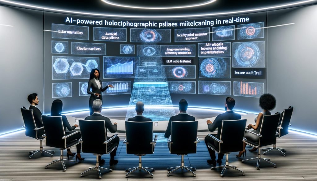 Diverse Fachleute in elegantem Konferenzraum sehen zu, wie eine KI-gestützte holografische Oberfläche in Echtzeit markenkonforme, datenreiche Folien mit klaren Storylines und dynamischen Charts erzeugt; im Hintergrund visualisierte Datenpipelines, LLM-Code und sichere Audit-Trails.
