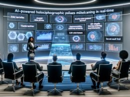 Diverse Fachleute in elegantem Konferenzraum sehen zu, wie eine KI-gestützte holografische Oberfläche in Echtzeit markenkonforme, datenreiche Folien mit klaren Storylines und dynamischen Charts erzeugt; im Hintergrund visualisierte Datenpipelines, LLM-Code und sichere Audit-Trails.