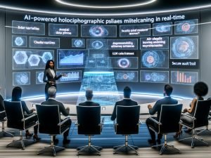Diverse Fachleute in elegantem Konferenzraum sehen zu, wie eine KI-gestützte holografische Oberfläche in Echtzeit markenkonforme, datenreiche Folien mit klaren Storylines und dynamischen Charts erzeugt; im Hintergrund visualisierte Datenpipelines, LLM-Code und sichere Audit-Trails.