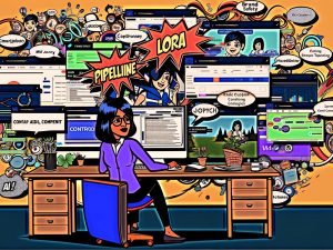 Vibrante digitale Collage eines Marketers am Computer, umgeben von KI-Tools (Stable Diffusion, DALL·E, Midjourney), Comic-Bubbles mit „Pipeline“, „LoRA“, „ControlNet“, „Brand Safety“ und „Realtime Ads“, Datenströmen sowie Laptop, Tablet und Smartphone für Cross‑Channel; im Hintergrund Pfeile, Charts und ein dezentes Compliance‑Wasserzeichen.