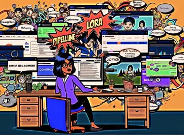 Vibrante digitale Collage eines Marketers am Computer, umgeben von KI-Tools (Stable Diffusion, DALL·E, Midjourney), Comic-Bubbles mit „Pipeline“, „LoRA“, „ControlNet“, „Brand Safety“ und „Realtime Ads“, Datenströmen sowie Laptop, Tablet und Smartphone für Cross‑Channel; im Hintergrund Pfeile, Charts und ein dezentes Compliance‑Wasserzeichen.