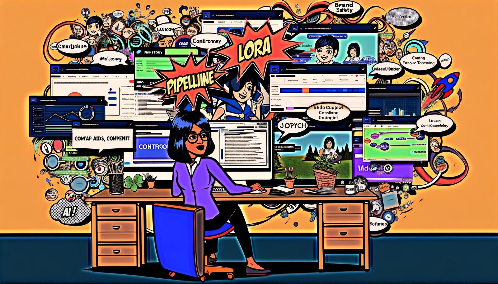 Vibrante digitale Collage eines Marketers am Computer, umgeben von KI-Tools (Stable Diffusion, DALL·E, Midjourney), Comic-Bubbles mit „Pipeline“, „LoRA“, „ControlNet“, „Brand Safety“ und „Realtime Ads“, Datenströmen sowie Laptop, Tablet und Smartphone für Cross‑Channel; im Hintergrund Pfeile, Charts und ein dezentes Compliance‑Wasserzeichen.