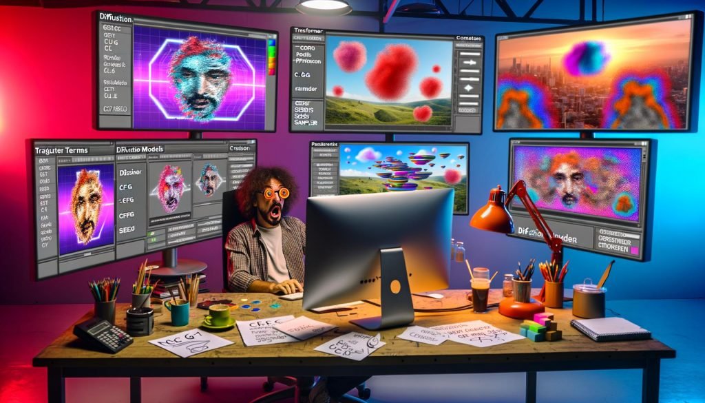 Artdirector mit überdrehtem Gesichtsausdruck an futuristischem KI-Workspace vor mehreren Monitoren mit Text‑to‑Image‑Workflows (Diffusion, Transformer, CFG, Seeds, Sampler); im Hintergrund schwebende digitale Bildwelten, auf dem Tisch Kaffeetassen und Notizzettel.