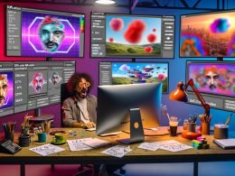 Artdirector mit überdrehtem Gesichtsausdruck an futuristischem KI-Workspace vor mehreren Monitoren mit Text‑to‑Image‑Workflows (Diffusion, Transformer, CFG, Seeds, Sampler); im Hintergrund schwebende digitale Bildwelten, auf dem Tisch Kaffeetassen und Notizzettel.