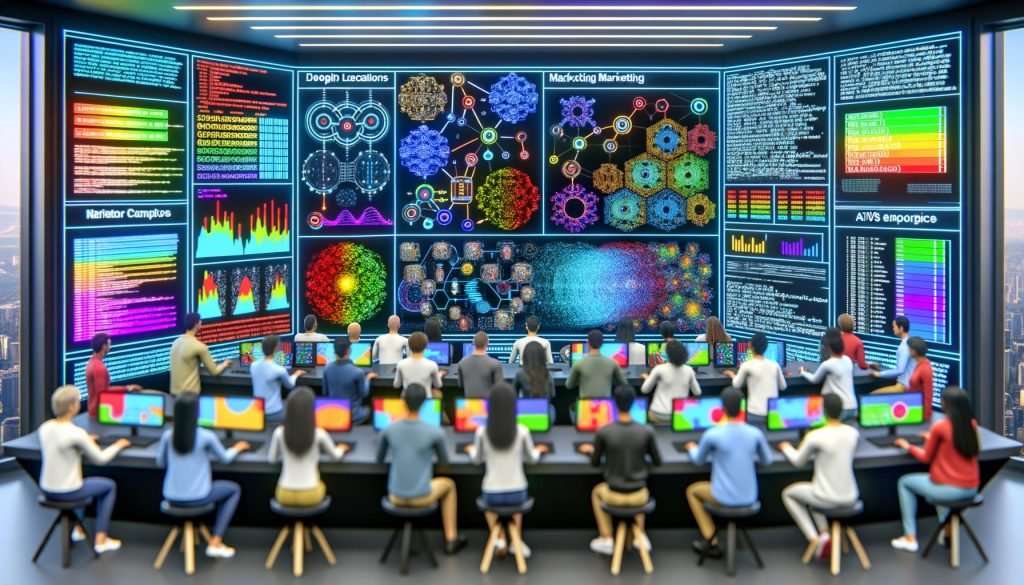 Futuristischer KI-Marketing-Kontrollraum mit vielfältigen Teams vor digitalen Dashboards und Hologrammen; Visualisierungen von Transformer-, CNN- und LSTM-Netzen; virtuelle KI-Roboter erzeugen Bilder, Videos und Anzeigen; dynamische Budgetwand.