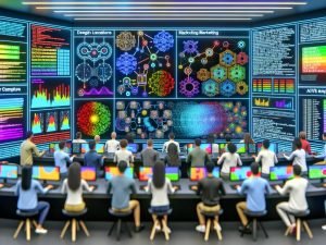 Futuristischer KI-Marketing-Kontrollraum mit vielfältigen Teams vor digitalen Dashboards und Hologrammen; Visualisierungen von Transformer-, CNN- und LSTM-Netzen; virtuelle KI-Roboter erzeugen Bilder, Videos und Anzeigen; dynamische Budgetwand.