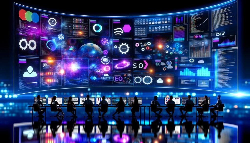 Dynamischer, futuristischer Team‑Workspace im Online‑Marketing: diverse Profis diskutieren vor großen, gebogenen Screens mit KI‑generierten Visuals, SEO‑Diagrammen, Kostenkurven, Bild‑Pipelines, Code‑Overlays und Compliance‑Hinweisen (EU, ©, C2PA) in blau‑violettem Neonlicht.