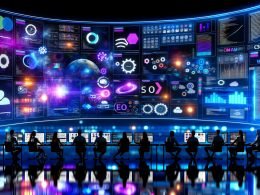 Dynamischer, futuristischer Team‑Workspace im Online‑Marketing: diverse Profis diskutieren vor großen, gebogenen Screens mit KI‑generierten Visuals, SEO‑Diagrammen, Kostenkurven, Bild‑Pipelines, Code‑Overlays und Compliance‑Hinweisen (EU, ©, C2PA) in blau‑violettem Neonlicht.