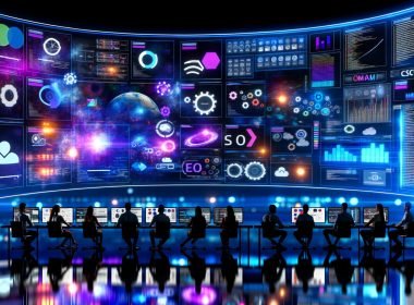 Dynamischer, futuristischer Team‑Workspace im Online‑Marketing: diverse Profis diskutieren vor großen, gebogenen Screens mit KI‑generierten Visuals, SEO‑Diagrammen, Kostenkurven, Bild‑Pipelines, Code‑Overlays und Compliance‑Hinweisen (EU, ©, C2PA) in blau‑violettem Neonlicht.