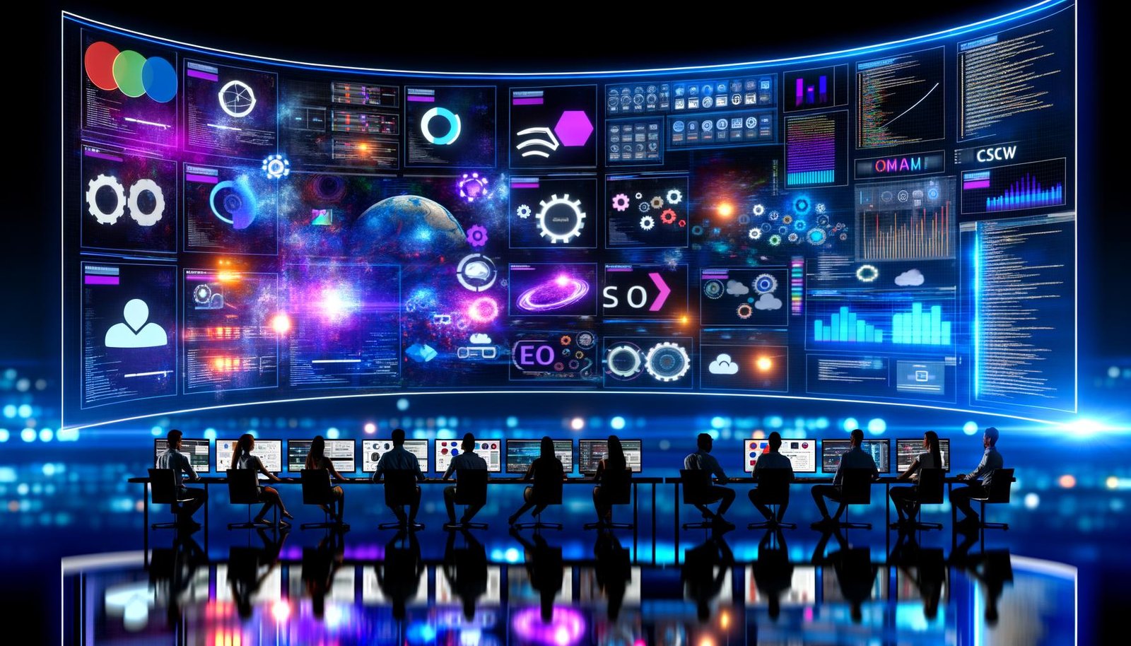Dynamischer, futuristischer Team‑Workspace im Online‑Marketing: diverse Profis diskutieren vor großen, gebogenen Screens mit KI‑generierten Visuals, SEO‑Diagrammen, Kostenkurven, Bild‑Pipelines, Code‑Overlays und Compliance‑Hinweisen (EU, ©, C2PA) in blau‑violettem Neonlicht.