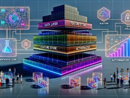 Futuristische Illustration einer skalierbaren, KI‑getriebenen Marketing‑Infrastruktur mit Neon‑Datenströmen, Modulen „Data Layer“, „Feature Store“, „Vector Database“ und „Activation Engine“, GenAI‑, RAG‑, Datenschutz‑ und Automatisierungs‑Icons sowie diversen Teams an Bildschirmen vor holografischen Conversion‑Charts.