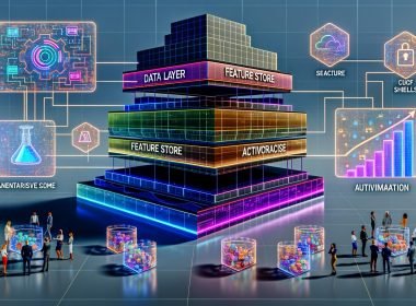 Futuristische Illustration einer skalierbaren, KI‑getriebenen Marketing‑Infrastruktur mit Neon‑Datenströmen, Modulen „Data Layer“, „Feature Store“, „Vector Database“ und „Activation Engine“, GenAI‑, RAG‑, Datenschutz‑ und Automatisierungs‑Icons sowie diversen Teams an Bildschirmen vor holografischen Conversion‑Charts.