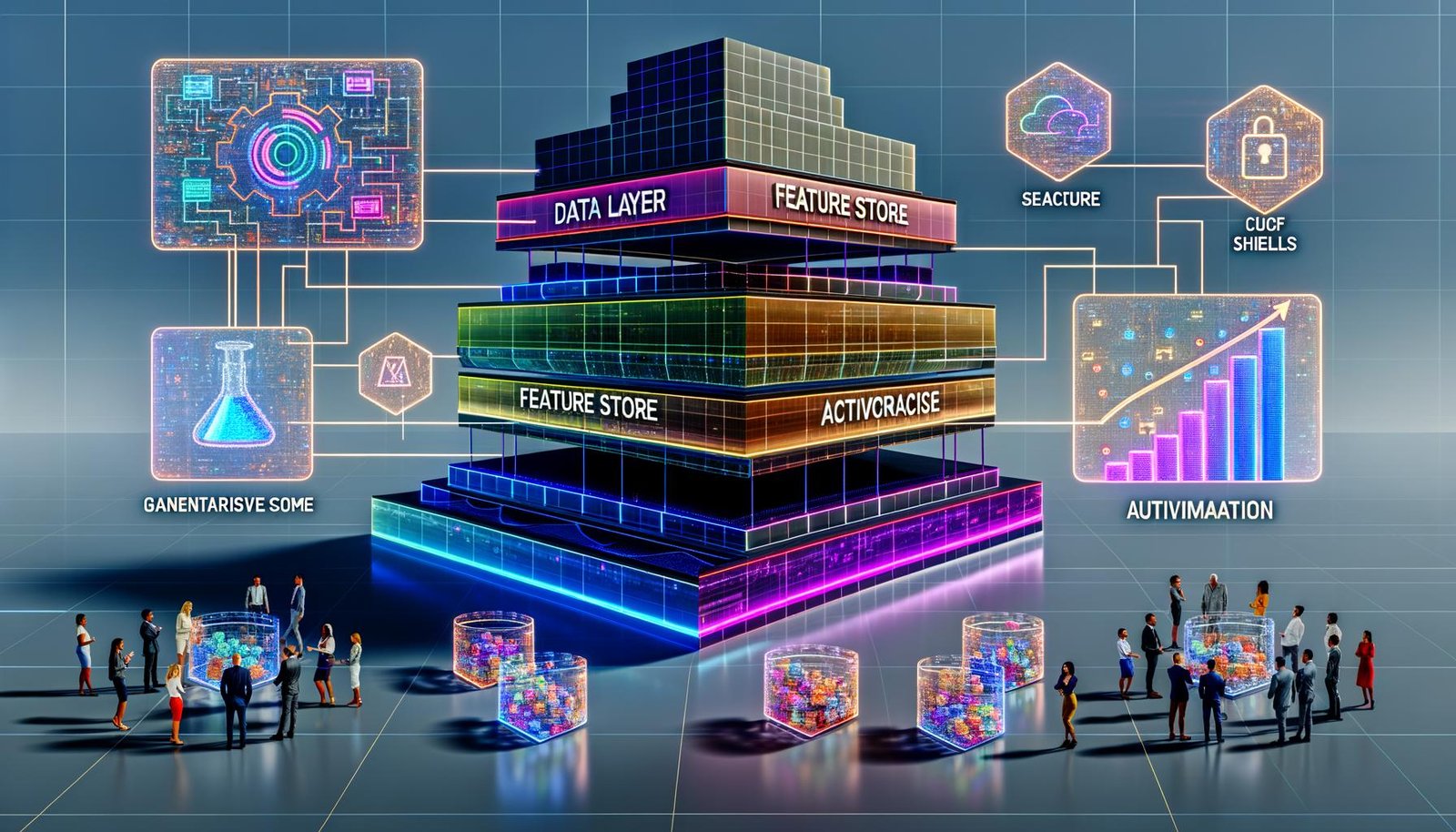 Futuristische Illustration einer skalierbaren, KI‑getriebenen Marketing‑Infrastruktur mit Neon‑Datenströmen, Modulen „Data Layer“, „Feature Store“, „Vector Database“ und „Activation Engine“, GenAI‑, RAG‑, Datenschutz‑ und Automatisierungs‑Icons sowie diversen Teams an Bildschirmen vor holografischen Conversion‑Charts.