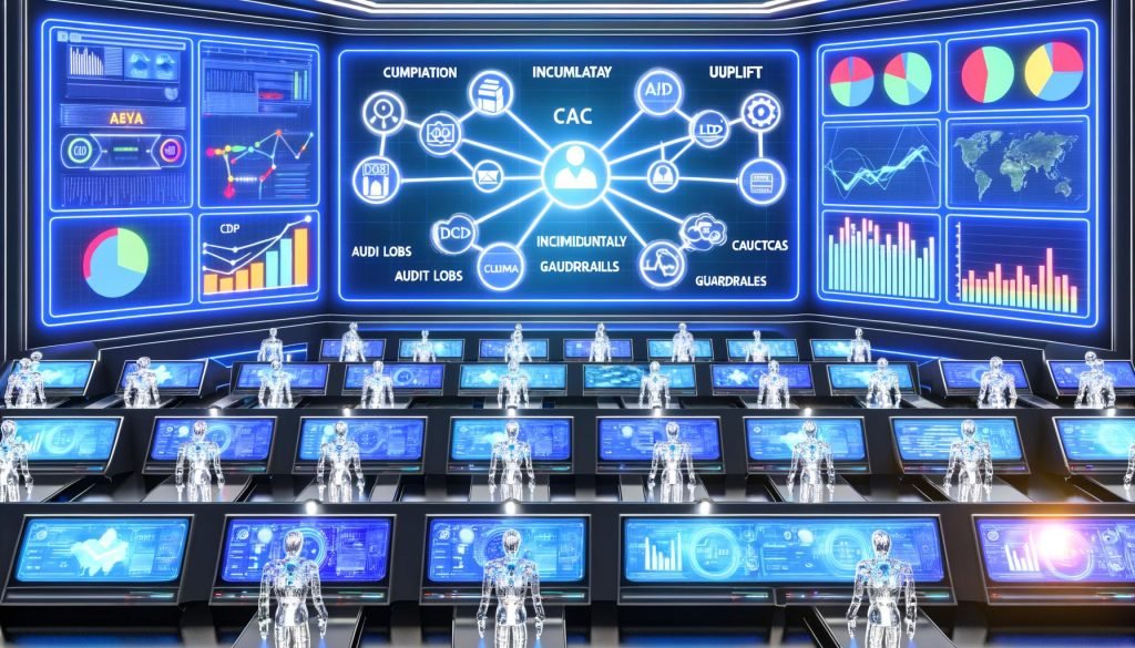 Futuristischer Marketing-Kontrollraum: CDP, CRM und Analytics speisen eine KI-Architektur; Dashboards mit LTV, CAC, ROAS; DSGVO-Guardrails und automatisierte Ausspielung.