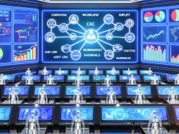 Futuristischer Marketing-Kontrollraum: CDP, CRM und Analytics speisen eine KI-Architektur; Dashboards mit LTV, CAC, ROAS; DSGVO-Guardrails und automatisierte Ausspielung.