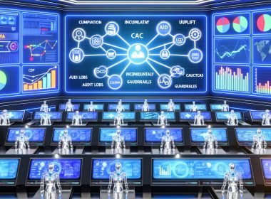 Futuristischer Marketing-Kontrollraum: CDP, CRM und Analytics speisen eine KI-Architektur; Dashboards mit LTV, CAC, ROAS; DSGVO-Guardrails und automatisierte Ausspielung.