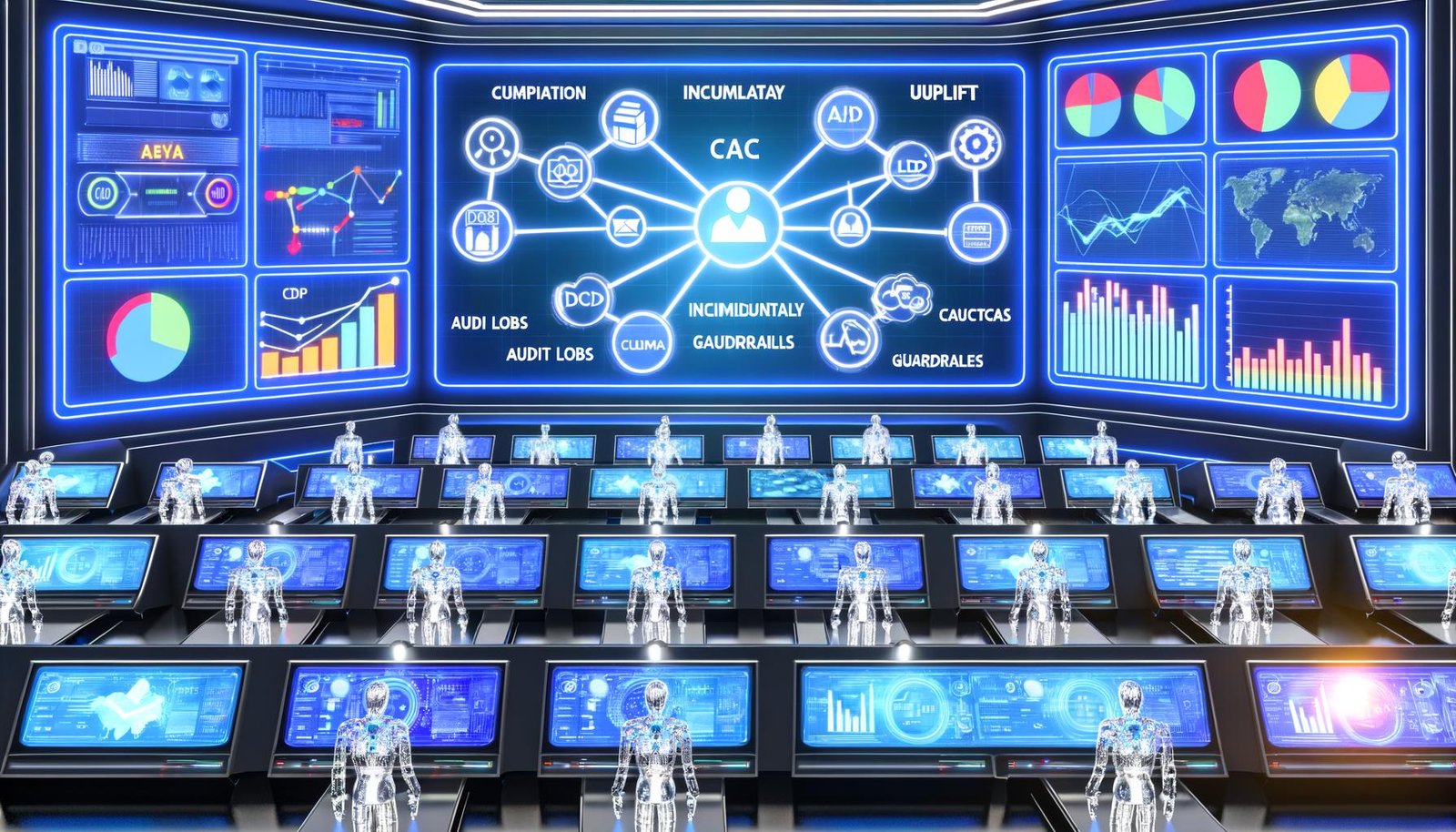 Futuristischer Marketing-Kontrollraum: CDP, CRM und Analytics speisen eine KI-Architektur; Dashboards mit LTV, CAC, ROAS; DSGVO-Guardrails und automatisierte Ausspielung.