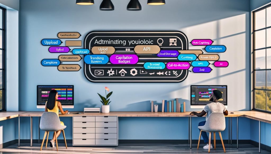 Modernes Büro: Großer Monitor mit Submagic-AI-Dashboard zeigt Kurzvideos mit farbigen, dynamischen Untertiteln in 9:16, 1:1, 16:9; Workflow von Upload über Auto-Captioning und Übersetzungen bis zu Branding-Layern. Marketing-Team markiert Sprech-Snippets, justiert CTA-Overlays und Marken-Assets; Icons für API, Cloud, DSGVO und Batch-Verarbeitung.