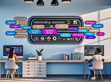 Modernes Büro: Großer Monitor mit Submagic-AI-Dashboard zeigt Kurzvideos mit farbigen, dynamischen Untertiteln in 9:16, 1:1, 16:9; Workflow von Upload über Auto-Captioning und Übersetzungen bis zu Branding-Layern. Marketing-Team markiert Sprech-Snippets, justiert CTA-Overlays und Marken-Assets; Icons für API, Cloud, DSGVO und Batch-Verarbeitung.
