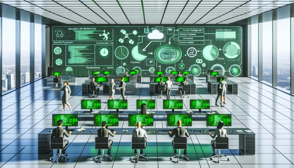 Team in modernem Büro vor Dashboards zu Datenpipelines, Vektor-Datenbanken und Echtzeit-Analysen; grüne, energieeffiziente Akzente sowie Sicherheits-/Einwilligungshinweise für Compliance.