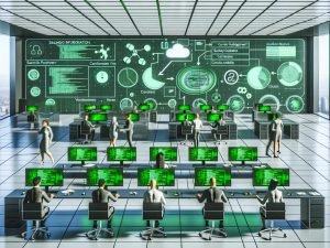 Team in modernem Büro vor Dashboards zu Datenpipelines, Vektor-Datenbanken und Echtzeit-Analysen; grüne, energieeffiziente Akzente sowie Sicherheits-/Einwilligungshinweise für Compliance.