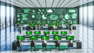Team in modernem Büro vor Dashboards zu Datenpipelines, Vektor-Datenbanken und Echtzeit-Analysen; grüne, energieeffiziente Akzente sowie Sicherheits-/Einwilligungshinweise für Compliance.