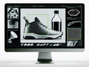 High-Tech-Arbeitsplatz mit großem Monitor; Bildeditor zeigt Produktfoto mit sauberem Freisteller, feinen Kanten an Schnürsenkeln und Haarsträhnen, Schachbrett-Transparenz, Ebenen/Alphakanäle sowie KI-Segmentierung und Kantenverfeinerung.