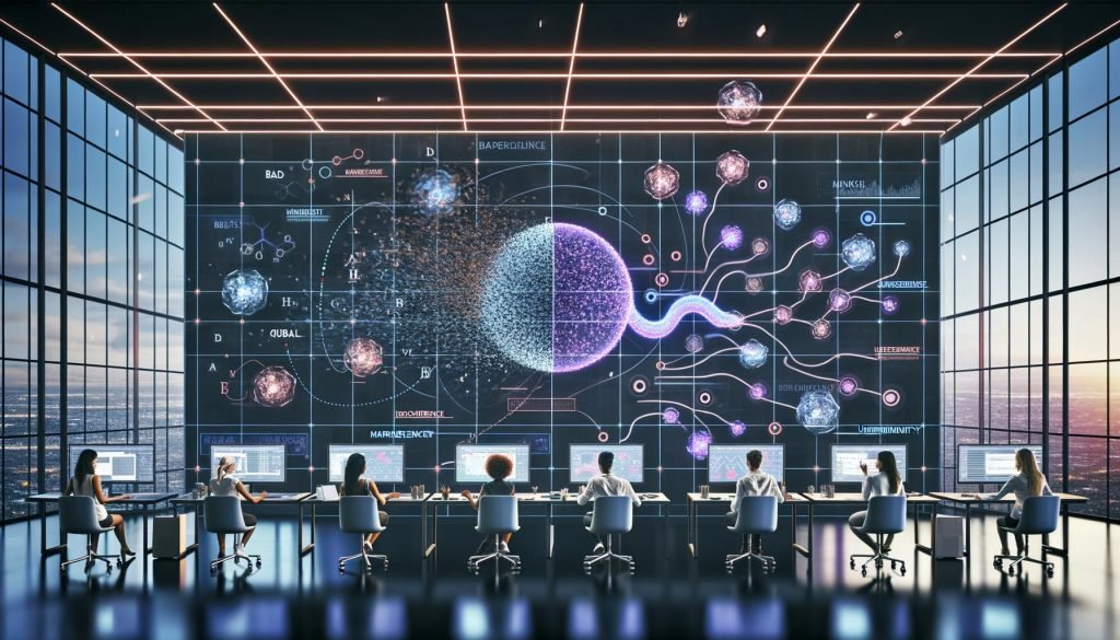 Futuristischer Marketing-Kontrollraum mit leuchtenden Datenströmen; Marketer und Data Scientists an transparenten Boards; KI-Kern zeigt Bayes'sche Unsicherheits-Heatmaps; fragmentierte Web-, App- und Ad-Signale; quanteninspirierte Motive und Dekohärenz.
