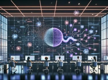 Futuristischer Marketing-Kontrollraum mit leuchtenden Datenströmen; Marketer und Data Scientists an transparenten Boards; KI-Kern zeigt Bayes'sche Unsicherheits-Heatmaps; fragmentierte Web-, App- und Ad-Signale; quanteninspirierte Motive und Dekohärenz.