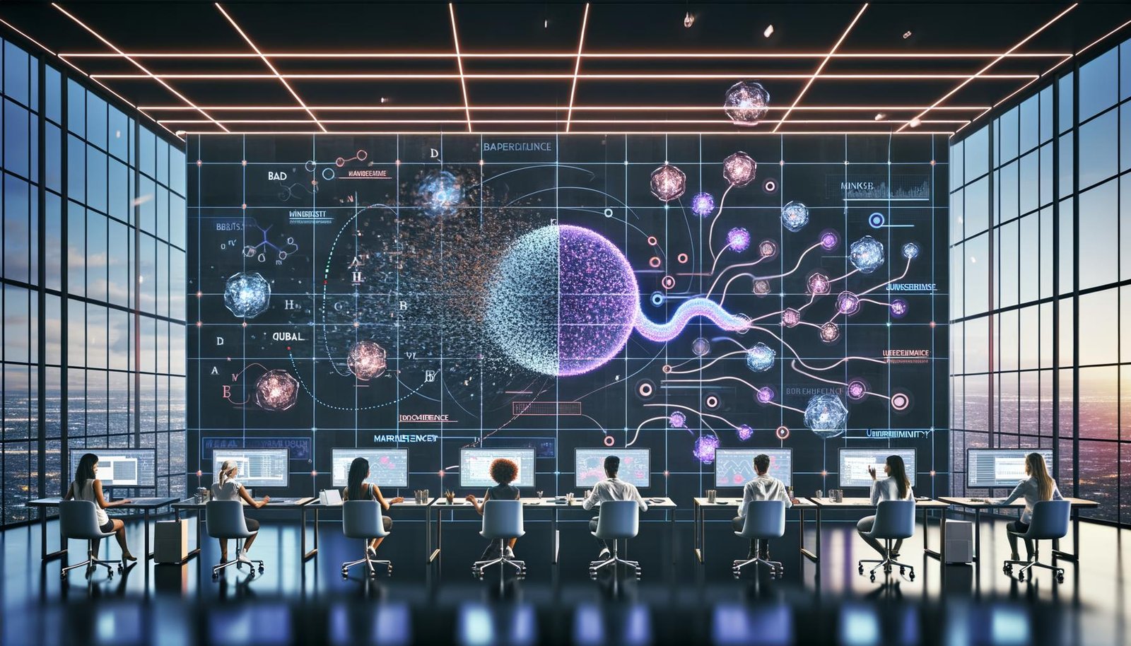 Futuristischer Marketing-Kontrollraum mit leuchtenden Datenströmen; Marketer und Data Scientists an transparenten Boards; KI-Kern zeigt Bayes'sche Unsicherheits-Heatmaps; fragmentierte Web-, App- und Ad-Signale; quanteninspirierte Motive und Dekohärenz.