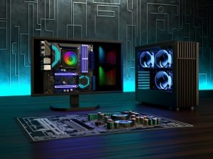 Modernes Desktop-PC-Setup auf dunklem Schreibtisch mit kühler Ambientebeleuchtung; auf dem Bildschirm die ASUS AI Suite 3 mit Diagrammen, Dials und Schiebereglern für Lüfter, Spannung und Monitoring; daneben technische Blaupause mit markierten Lüftern, VRMs und Sensoren.