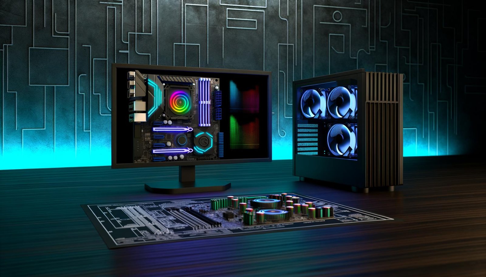 Modernes Desktop-PC-Setup auf dunklem Schreibtisch mit kühler Ambientebeleuchtung; auf dem Bildschirm die ASUS AI Suite 3 mit Diagrammen, Dials und Schiebereglern für Lüfter, Spannung und Monitoring; daneben technische Blaupause mit markierten Lüftern, VRMs und Sensoren.