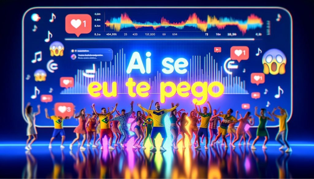Übergroßer Schriftzug „Ai Se Eu Te Pego Deutsch“ vor tanzender Gruppe; TikTok-/Instagram-Elemente, deutsche Fußballtrikots, brasilianische Details und Analytics-Dashboard.