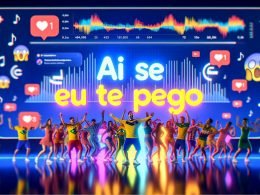 Übergroßer Schriftzug „Ai Se Eu Te Pego Deutsch“ vor tanzender Gruppe; TikTok-/Instagram-Elemente, deutsche Fußballtrikots, brasilianische Details und Analytics-Dashboard.
