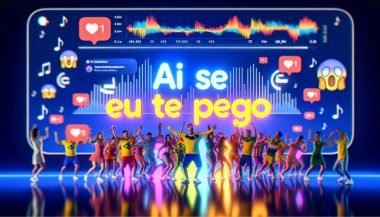 Übergroßer Schriftzug „Ai Se Eu Te Pego Deutsch“ vor tanzender Gruppe; TikTok-/Instagram-Elemente, deutsche Fußballtrikots, brasilianische Details und Analytics-Dashboard.