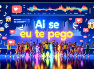 Übergroßer Schriftzug „Ai Se Eu Te Pego Deutsch“ vor tanzender Gruppe; TikTok-/Instagram-Elemente, deutsche Fußballtrikots, brasilianische Details und Analytics-Dashboard.