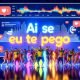 Übergroßer Schriftzug „Ai Se Eu Te Pego Deutsch“ vor tanzender Gruppe; TikTok-/Instagram-Elemente, deutsche Fußballtrikots, brasilianische Details und Analytics-Dashboard.
