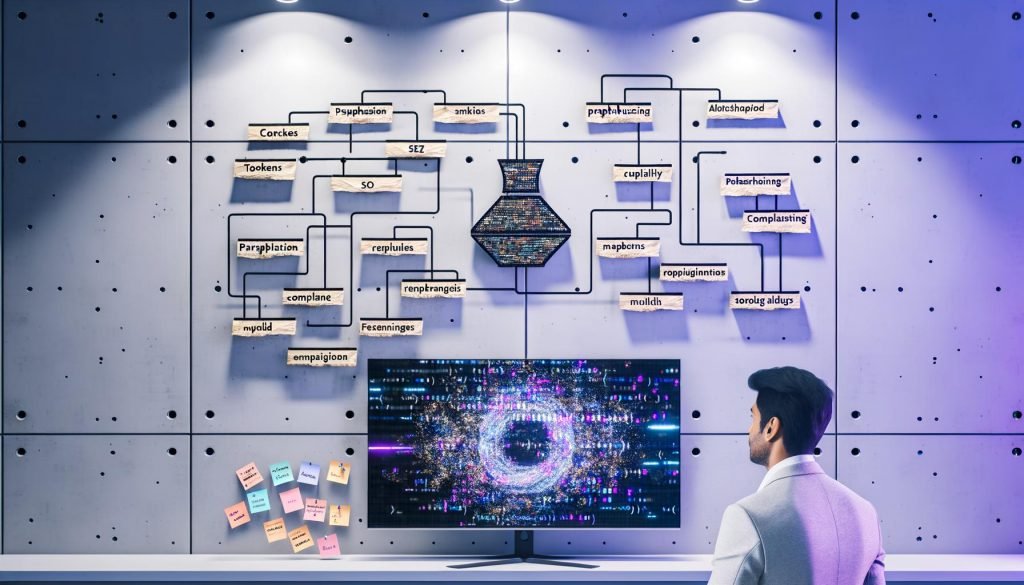Großer Monitor mit Code, Paraphrasen und neuronaler Netz-Visualisierung in sanft beleuchtetem Büro; Notizen: Compliance, Qualität, SEO.